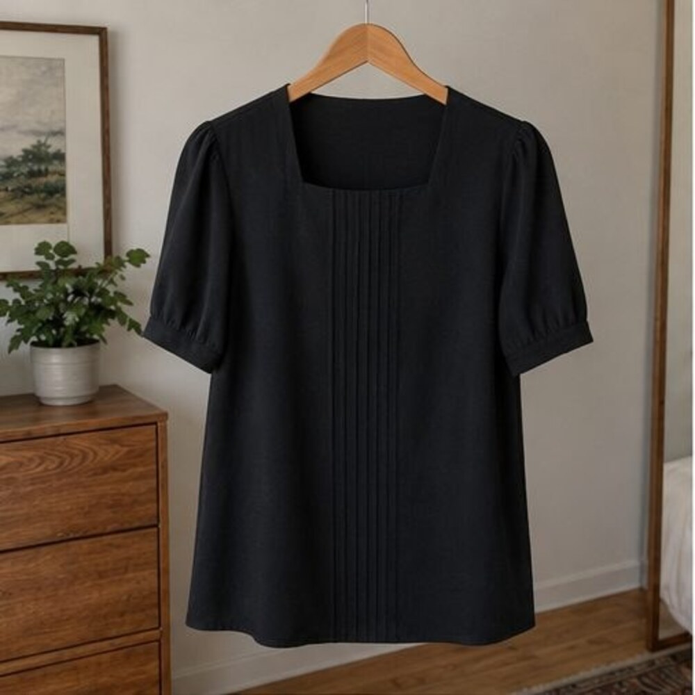Black Square Neck Pintuck Blouse